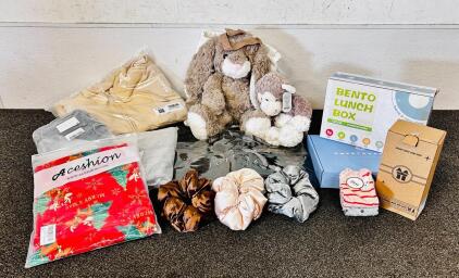 Bento Lunch Box, Plush Bunny and Monkey, Tote Bags, Hair Scrunchies, skids Coat and Socks, Sweater, Sweetguards, and More