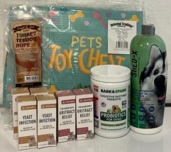 Pet Goods Including (4) Bottles Of Dog Yeast Infection Treatment, (2) Bottles Of Dog Uritract Relief Treatment, Bark & Spark Probiotics For Dogs, Shed-X Shedding Treatment & More