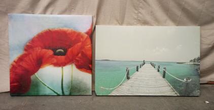 Large Ocean Beach Dock Seascape Wall Art Canvas Print. 36"x25". Artful Poppies By Artist Dianne. It Is a Floral-Themed Wall Art Piece Featuring Large Red Poppies. 28"x27"
