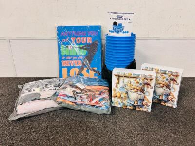 Wall Art, Yard Pong Set, Gnome Chef Puzzle, and (2) Bed Sheets