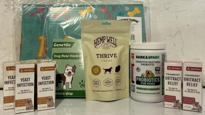 Pet Goods Including (5) Bottles Of Dog Yeast Infection Treatment, (2) Bottles Of Dog Uritract Relief Treatment, Bark & Spark Probiotics For Dogs, Hemp Well Thrive Chews & More