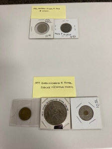 1936 Buffalo Nickel, 1943 P Nickel, 1977 Queen Elizabeth 11 Silver Jubilee And 2 Antique Tokens