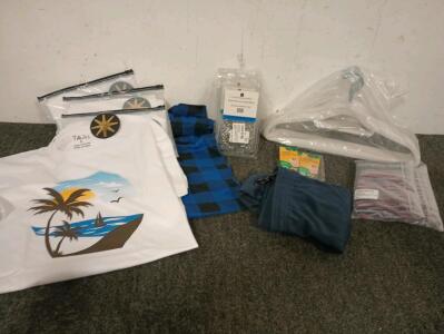 (14) Tari Mens Large 100% Cotton T-Shirts, (2) Small Plaid Mens Pajama Bottoms, (3) Set Of 12 Premium Stainless Steel Shower Curtain Hooks, 20ct. Velvet Clothing Hangers, (6) Tommy John Mens Boxer Briefs Large Size, (20) Double 50ct. Toenail Correction Pa