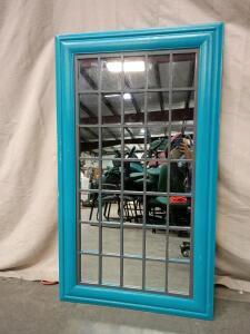 Large, Rectangular Mirror With a Bright Aqua-Colored Wooden Frame And a Paneled Design That Resembles a Window. 52"x30"