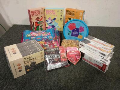 1 Large Box H=12" W=18 1/2" L=23" Filled With A Variety Of Candy, Cookies, Cereal, Cookies