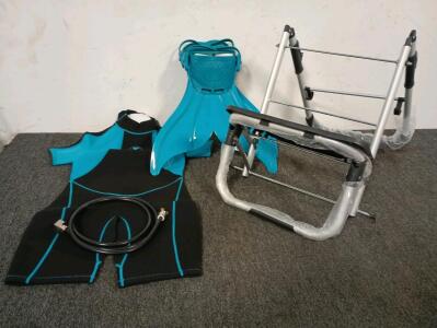 (2) Wetsuit Women,3/2mm Back Zip Shorty Wetsuit Size XS, (2) Pairs Of Mermaid Swim Fins, Folding Care Step, Yard Mister That Attaches To A Garden Hose