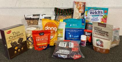 Liquid IV Electrolyte Drink Mix, Starbucks Refreshers, Shredded Dried Squid, Nuts, Popcorn, Whole Roasted Crickets, Crackers, Creamer, Fruit Snacks And More