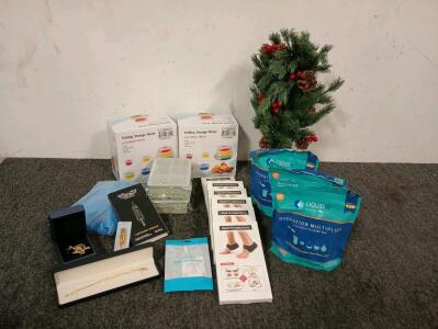 (4) 14K Gold Necklaces 16", 18" & 20", 14K Gold Necklace With Cross, (2) Folding Storage Boxes, (6) Heel Protectors, 10pcs Tattoo Cartridge Needles, 22" Christmas Tree With Battery Powered Lights, (3) 16 Count Liquid I.V. Hydration Multiplier, And More