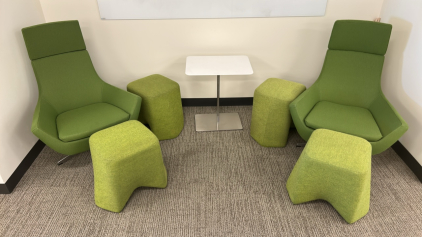 (2)Green Swival Chairs (4)Green Foot Rest/Stool (1)22inx16in Side Table