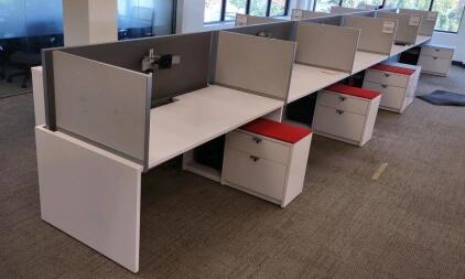 30'x 5&frac12;'x 4'1" 10-Desk Cubical w/ (8) Filing Desk Organizers & (10) Computer Monitor Stands & (2) 30"x 18"x 39" 3-Drawer Filing Cabinets (White)