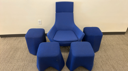 (1)Blue Swival Chairs (4)Blue Foot Rest/Stool