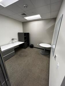 (1)7ftx32in Desk With Monitor Stand (1)4ftx4ft White Board (1)3ft Round Table (1) 63inx30in Filing Cubby Cabinet