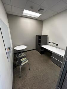 (1)3ft Round Table (1)4ftx4ft White Board (2)Chair (1)Monitor Stand (1)7ftx32in Desk (1)63inx30in Filing Cubby Cabinet