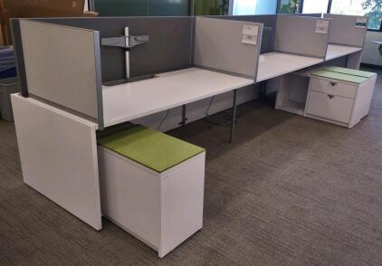 18'x 5&frac12;'x 4'1" 3-Desk Cubical w/ (3) Filing Desk Organizers & (3) Computer Monitor Stands