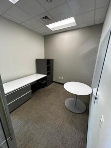 (1)7ftx 30in Desk (1)63inx30in Filing Cubby Cabinet (1)3ft Round Table (1)4ftx4ft White Board