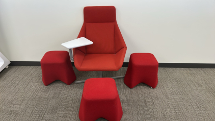 (1)Red Swival Chair With Swinging Table (3)Red Foot Rest/Seats
