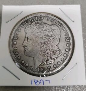 1897 Morgan Silver Dollar Coin, No Mint Mark, 90% Silver