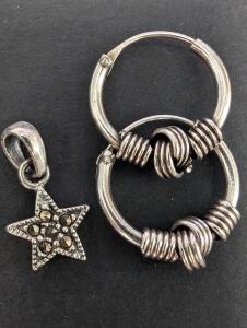 SILVER EARRINGS & STAR WITH BLACK GEMS