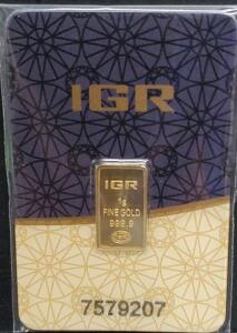 IGR 1g Gold Bar, 999.9 Fineness, Assay Certified, Serial 7579207