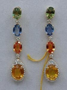 Custom Yellow Gold Earrings with Tourmaline, Sapphire, Spessartite, and Diamonds