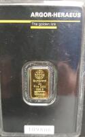Argor-Heraeus 2g Gold Kinebar, 999.9 Fineness, Serial 109806 - 2