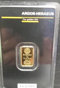 Argor-Heraeus 2g Gold Bar, The Golden Link, 999.9 Purity, Serial 163209