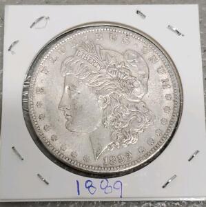 1889 Morgan Silver Dollar Coin, 90% Silver, No Mint Mark Visible