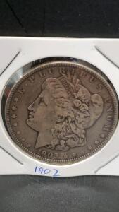 1902 Morgan Silver Dollar Coin, 90% Silver, 1.5" Diameter