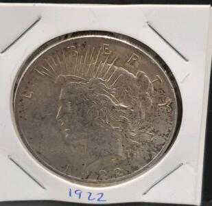 1922 Peace Dollar Coin, United States, 90% Silver, Anthony de Francisci Design