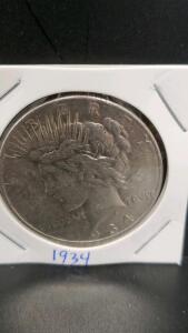 1934 Peace Dollar Coin, 90% Silver, Anthony de Francisci Design