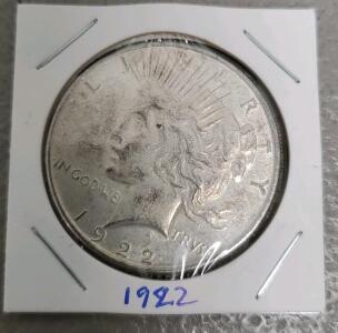 1922 Peace Dollar Coin, United States, 90% Silver, No Mint Mark