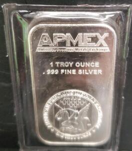 APMEX 1 Troy Ounce .999 Fine Silver Bar, American Precious Metals Exchange