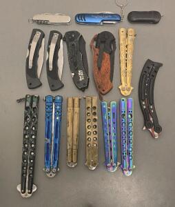 (4) Pocket Knifes, (3) Multitools, (4) Butterfly Knives, (4) Balisong Practicers