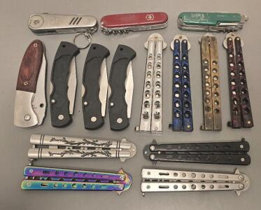 (4) Pocket Knifes, (3) Multitools, (4) Butterfly Knives, (4) Balisong Practicers