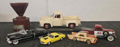 (4) Collectible Die Cast Model Cars, (1) Vintage Wooden Model Car