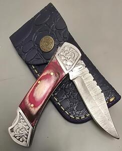 Damascus Steel Custom Locking Pocket Knives W/ Leather Case
