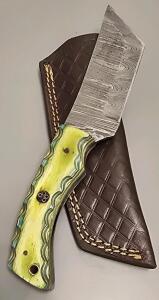 Damascus Steel Custom Hunting Knife W/ Leather Sheath