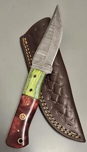 Damascus Steel Custom Hunting Knife W/ Leather Sheath