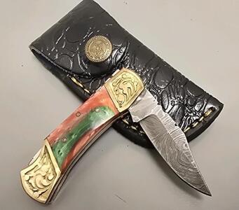 Damascus Steel Custom Locking Pocket Knife W/ Leather Case