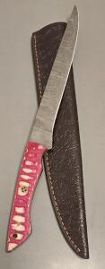 Damascus Steel Custom Filet Style Knife W/ Leather Sheath
