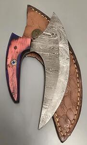 Damascus Steel Custom Ulu Knife W/ Leather Sheath