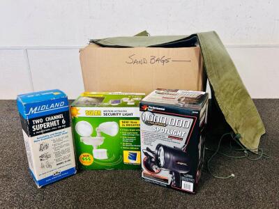 Box Of Sand Bags, Rechargeable Spotlight, Solar Motion- Activated Security Light, and Pair Of Midland Two Channel Superhet 6 Transistors