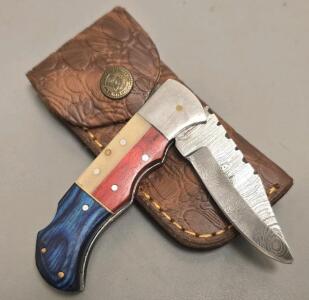 Damascus Steel Custom Locking Pocket Knife W/ Leather Case