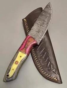 Damascus Steel Custom Hunting Knife W/ Leather Sheath