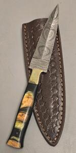 Damascus Steel Custom "Boot Knife" W/ Leather Sheath