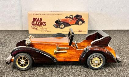 Road Classics 15" Roadster With Gold Accents-Pine Finish Wooden Automobile Collectible