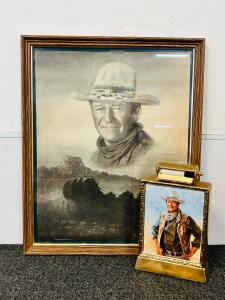 Framed Print Of John Wayne Along With Collectible Decanter With His Image. 17.5x 21.5".