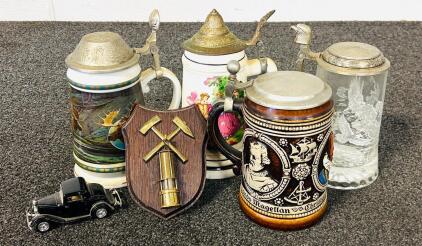 (4) Vintage Collectible Beer Steins, Small Motor Max 1932 Ford Coupe 1:43 Scale, and Small Mining Souvenir