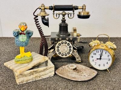 Antique Style Phone With Brass Rotary Style Push Buttons and Ornate, Embossed Decorative Details. Big Ben Alarm Clock, Over The Hill Old Crow Figurine, Marble Style Box and Lid and Stone Ashtray.