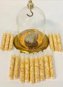 Viles Of Gold Leaf Flake and Collectible Pyrite Rock (Fools Gold" In Glass Display